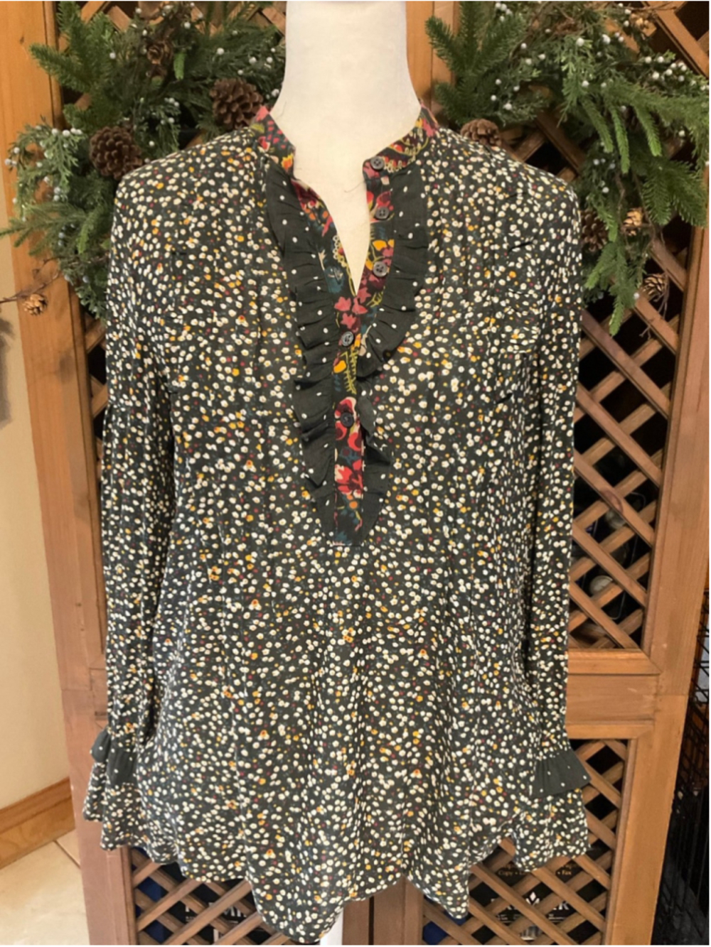 LOFT Boho Floral Ruffle Trim Blouse Top Black Multicolor Women’s XS